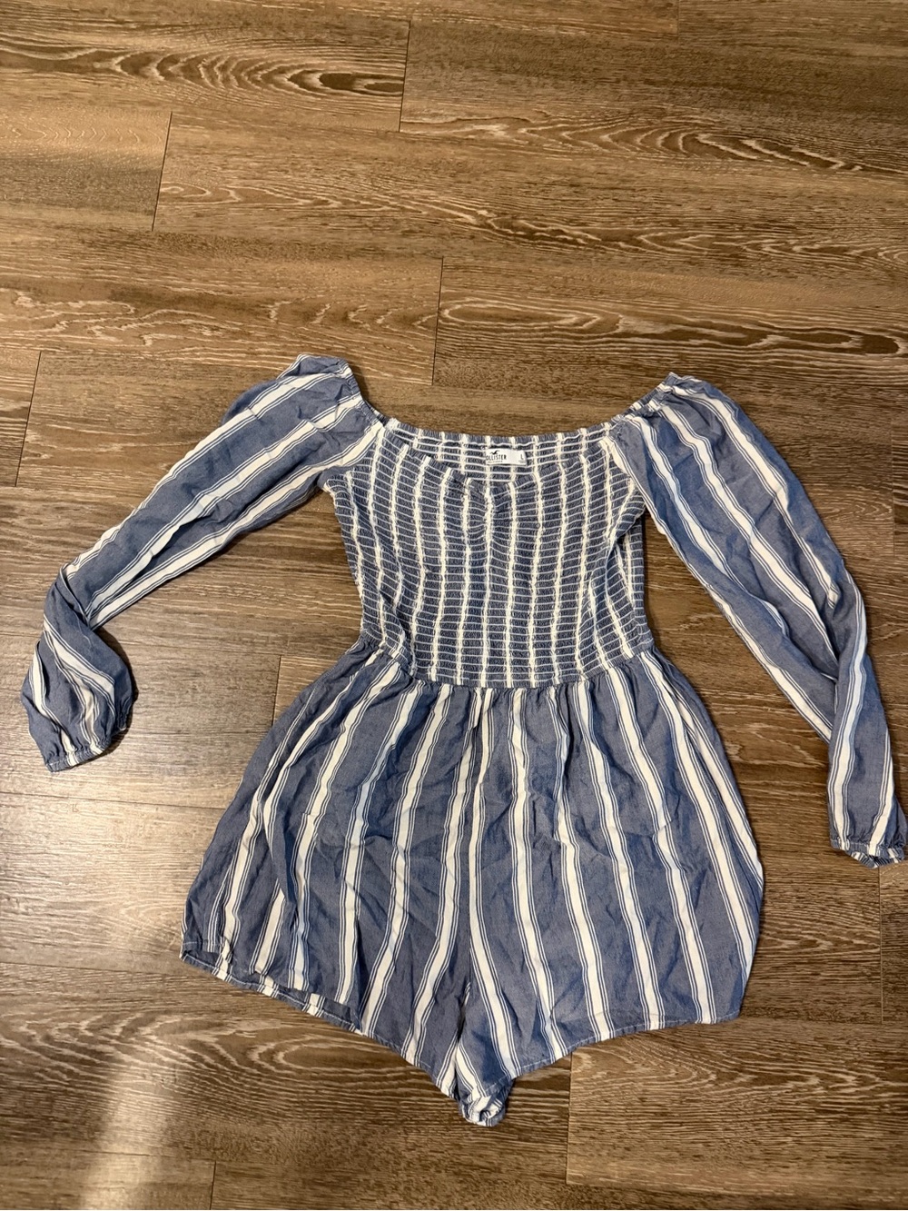 Hollister Blue and White Striped Off-Shoulder Romper